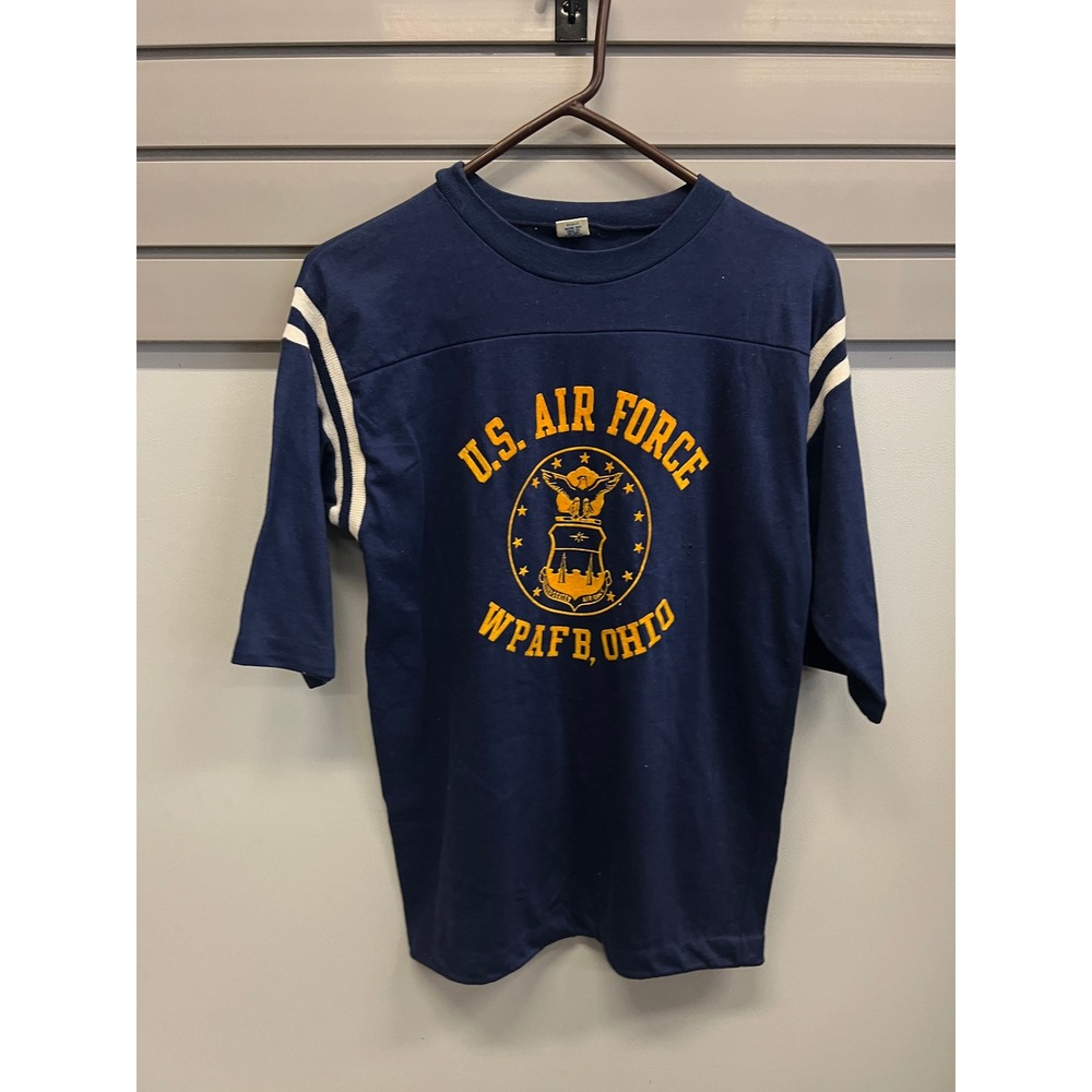 Vintage Artex US Air Force WPAFB Ohio Flocked Jersey Shirt Navy Blue Medium